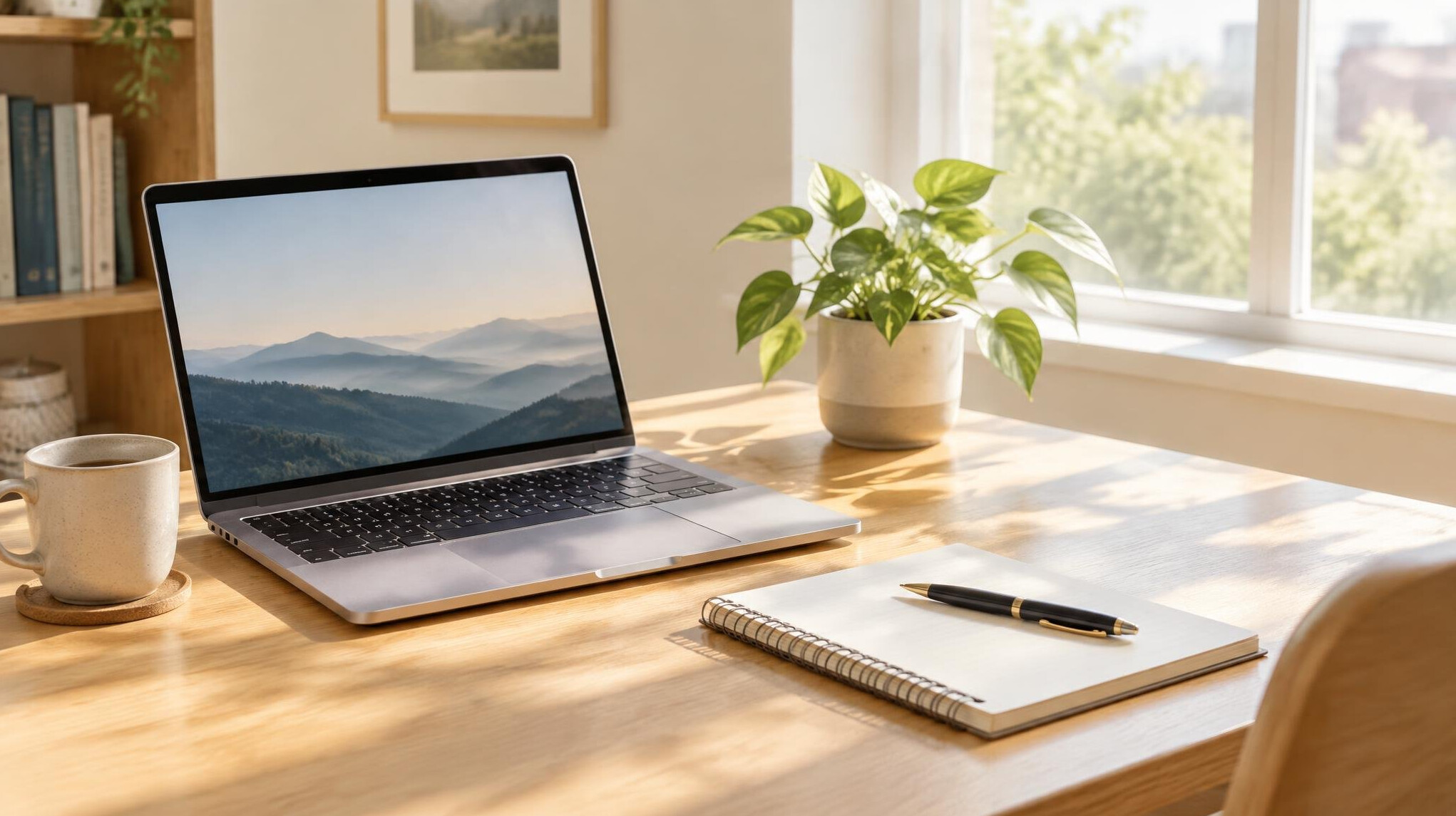 Desk with a notebook and a laptop ready for writing a message