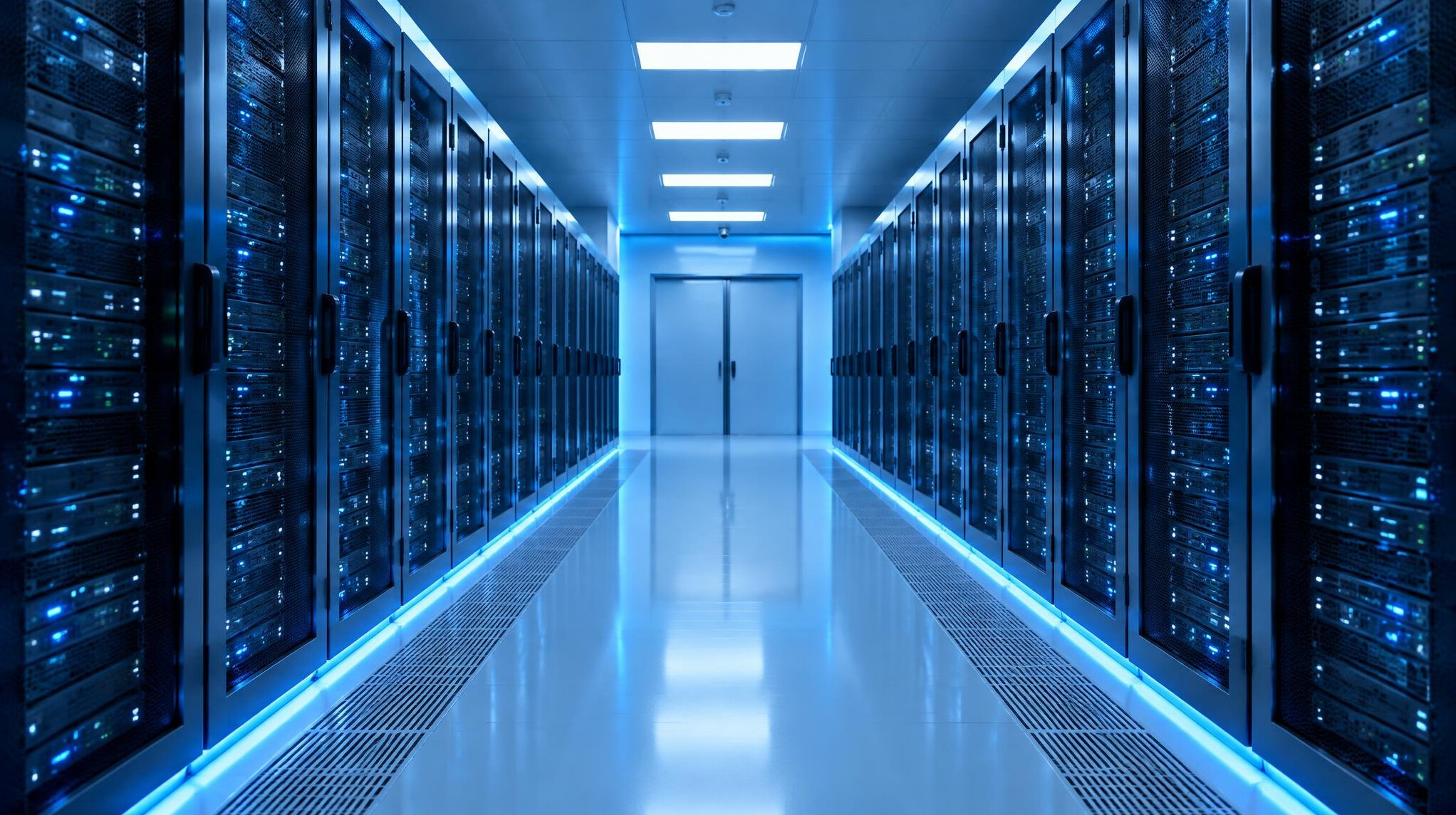 Rows of servers with blue lights in a data room